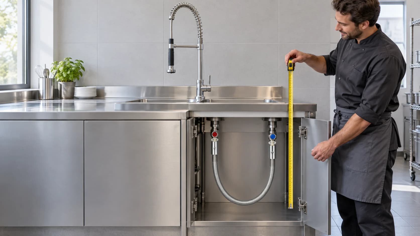 Osoba u gastronomického dřezu kontroluje 100centimetrovou hadici k oplachovací sprše s 1/2palcovou přípojkou.