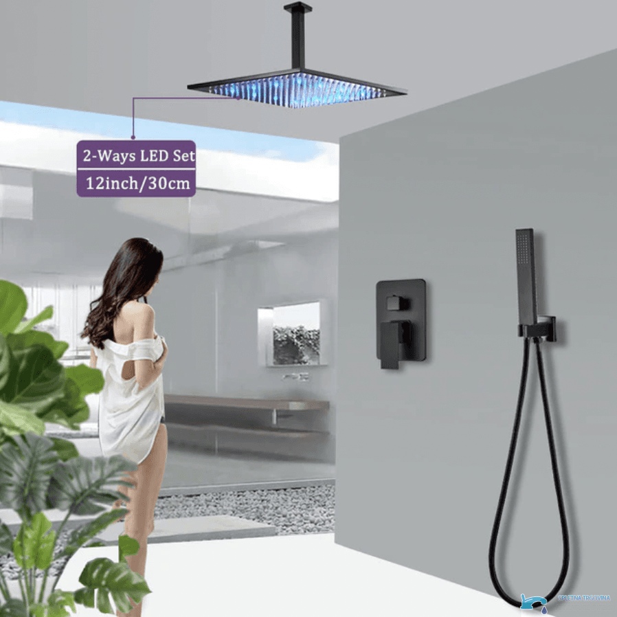 Podomítkový sprchový systém EYN PT50089 s LED osvětlením, matně černé provedení se světlými tryskami