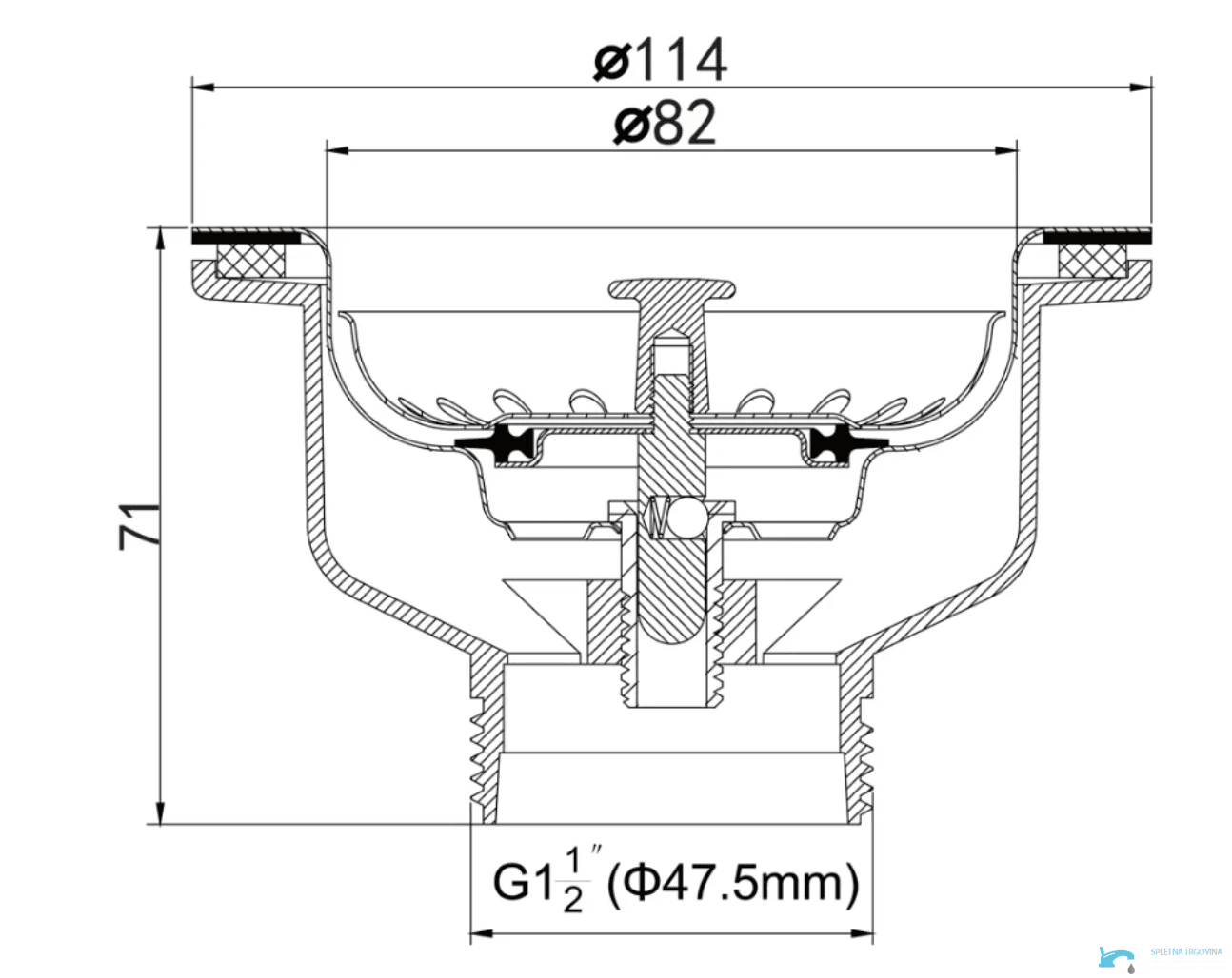 Technický výkres dřezové výpusti EYN GBP1504, průměry 114 a 82 mm, výška 71 mm