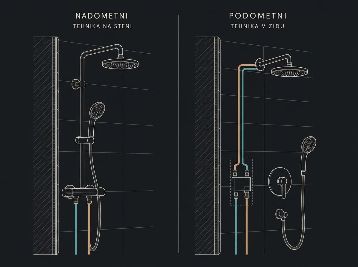 Řez stěnou se dvěma provedeními sprchového systému: vlevo nástěnná armatura na stěně, vpravo podomítková s technikou ve zdi