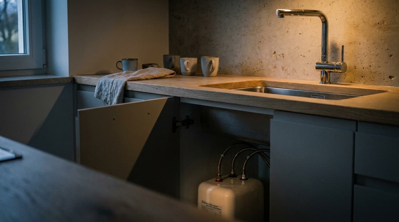 Chromovaná beztlaková kuchyňská baterie nad dřezem a otevřená skříňka s otevřeným ohřívačem se třemi připojovacími hadičkami