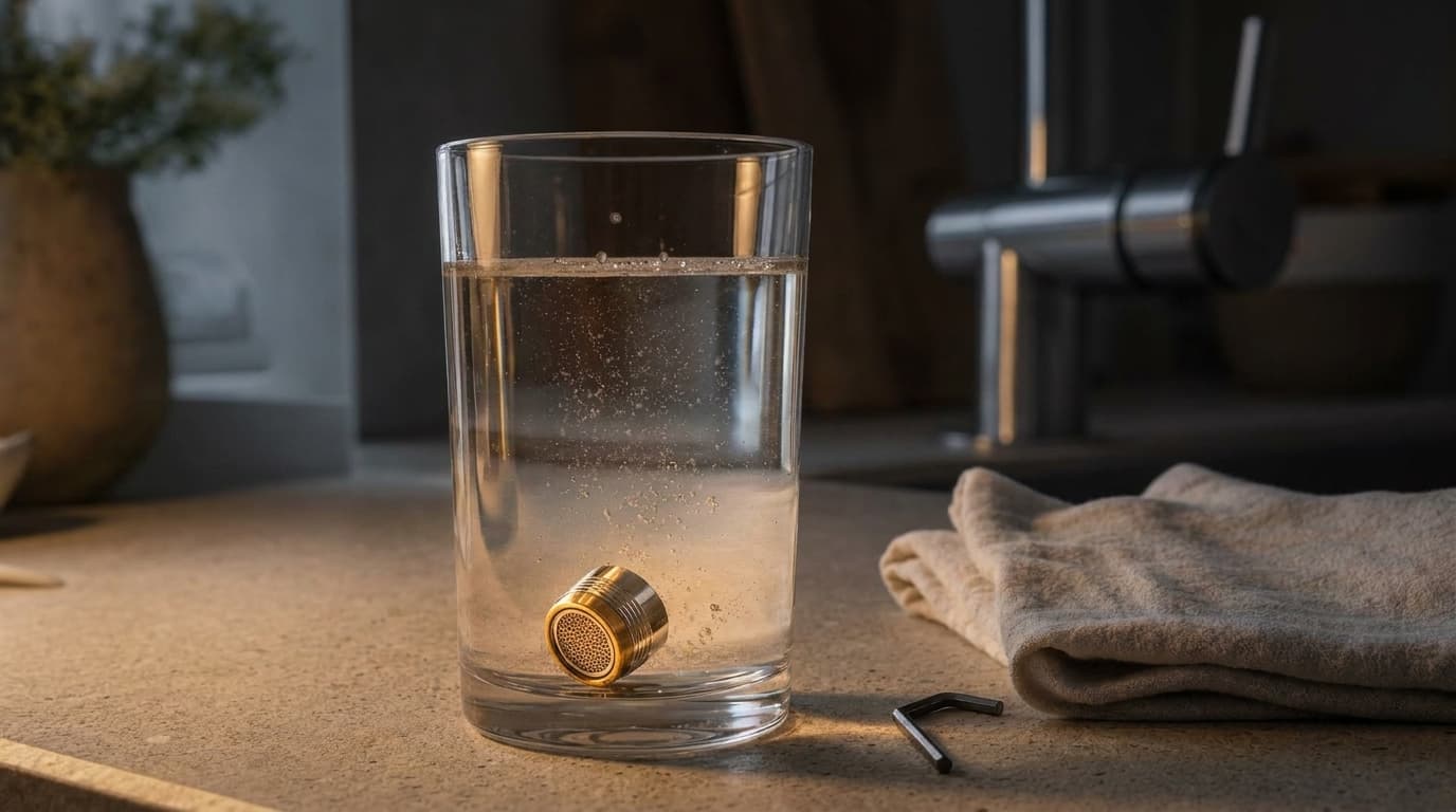 Odšroubovaný perlátor ve sklenici teplé vody s čisticím prostředkem a chromovaná baterie v pozadí