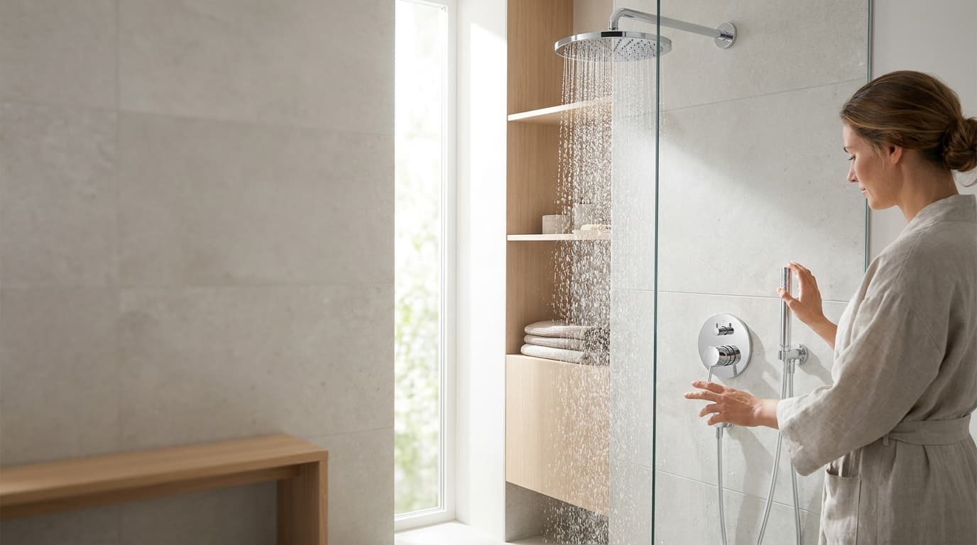Žena nastavuje chromovaný ovládací panel sprchy; z nástěnné dešťové sprchy teče voda a vedle ní visí ruční sprcha