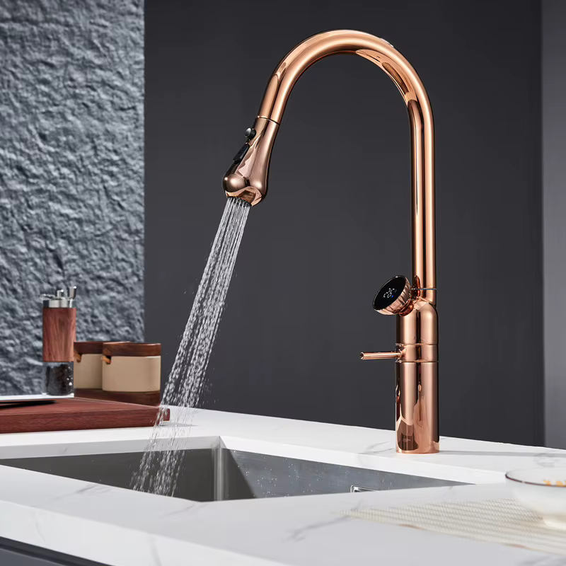Rose Gold Single Handle Kitchen Sink Tap Multifunctional Digital Display Temperature Faucet Hot Cold Water Rain Fly