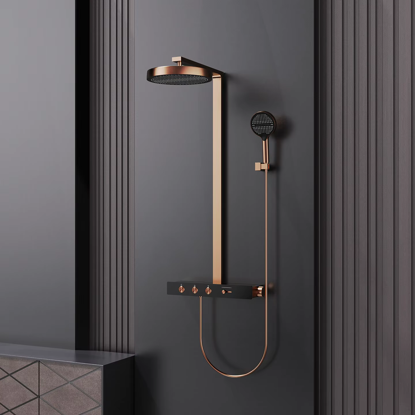 French New Retro Full Copper Brushed Rose Gold Square Wall Mount Storage Shelf Constant Temperature Shower Button Shower Set