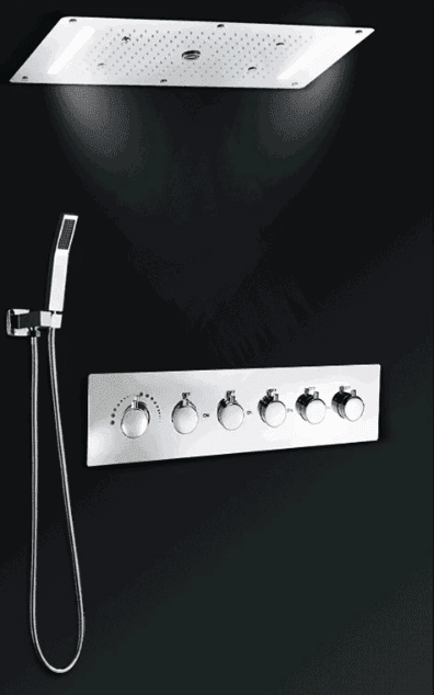 Podomítkový sprchový systém ELITE EDITION BCS1557 s LED osvětlením, termostatem a masážními tryskami v černé a matné černé — pohled 28