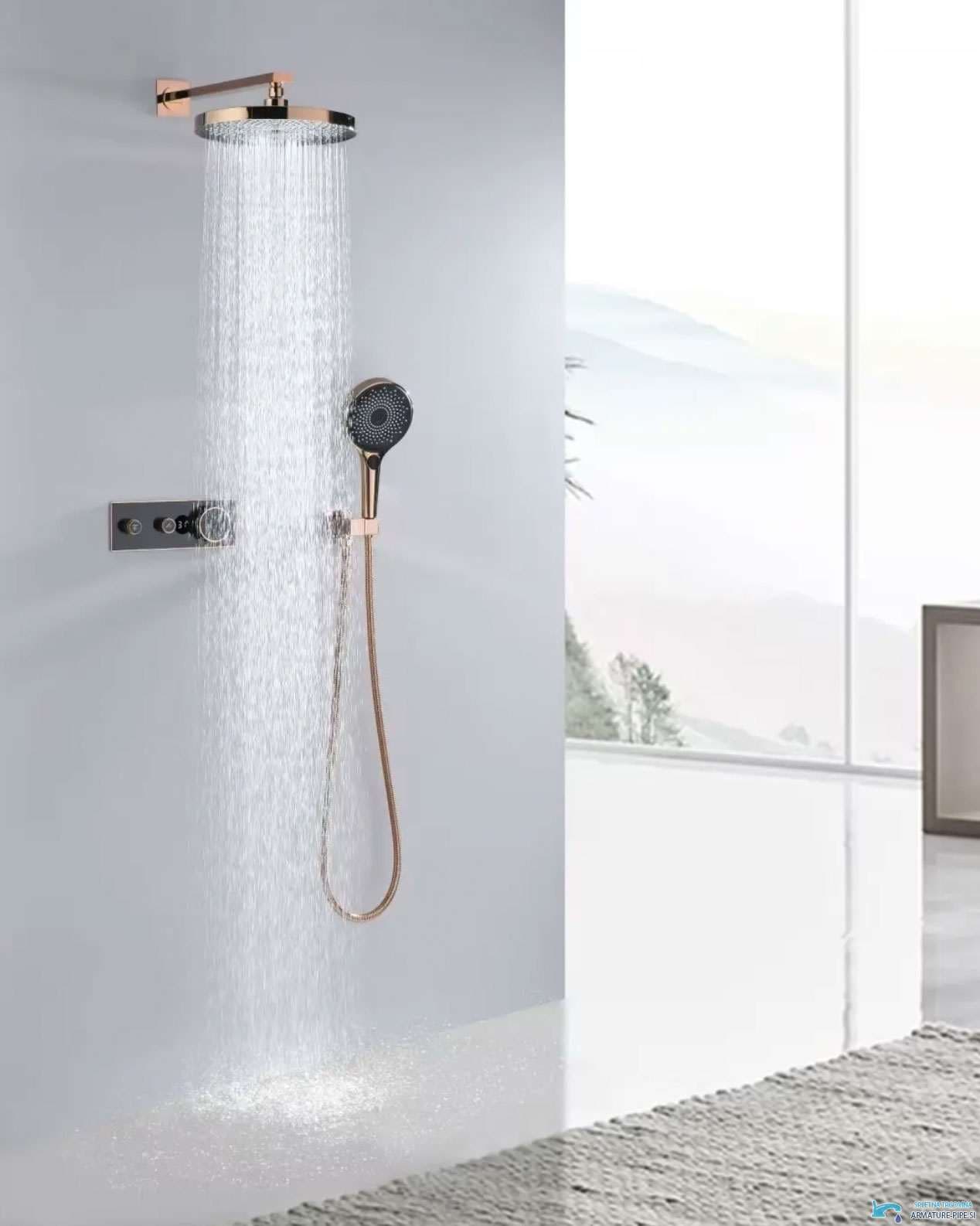 Luxusní termostatický sprchový systém ELITE EDITION BCS1603 s displejem v lesklém růžovém zlatě a černé