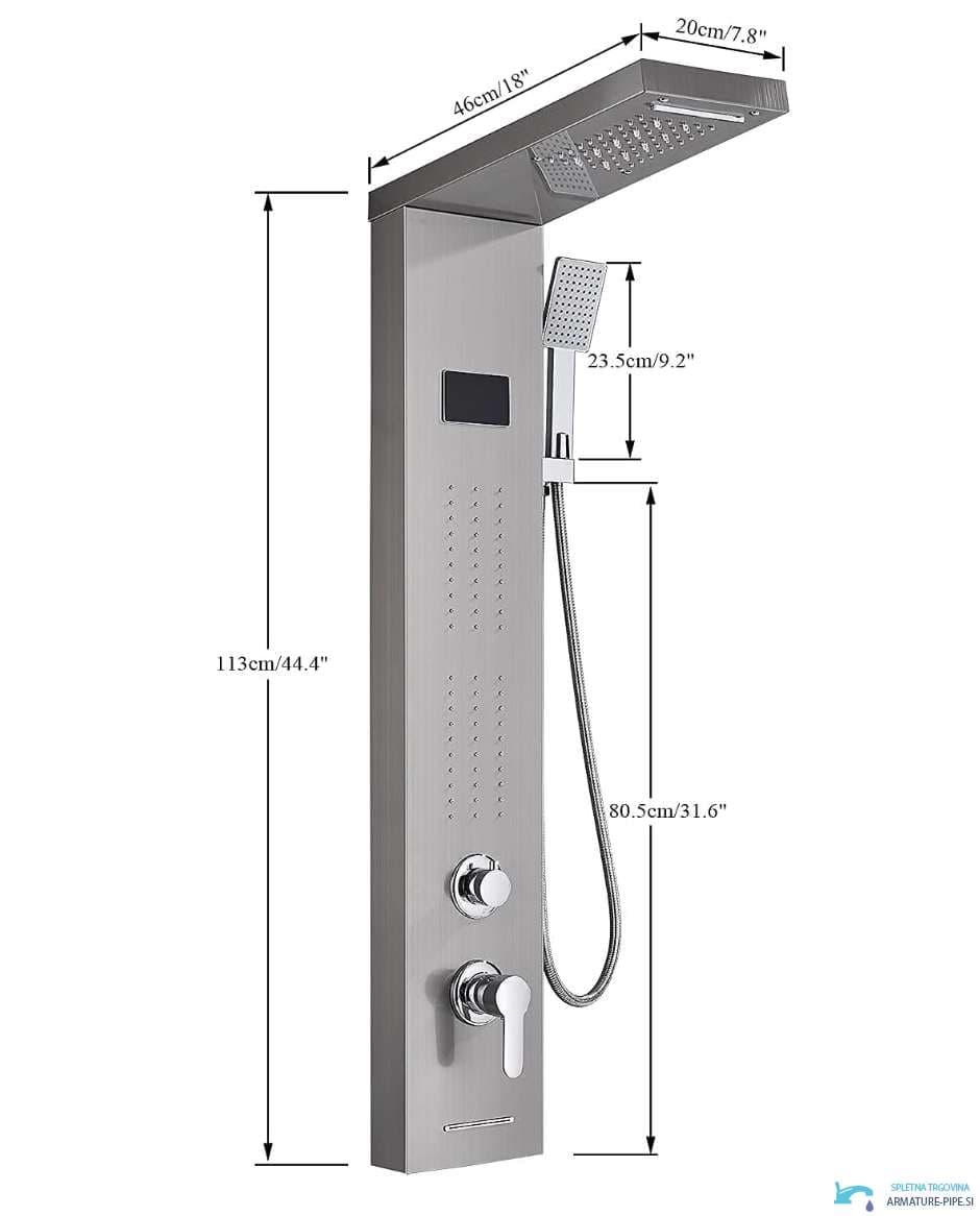 Technický výkres luxusního LED sprchového panelu BSP1912 (113 × 46 × 20 cm)