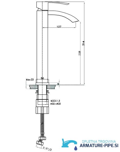 Technický výkres baterie EYN 017 (314 mm, dosah výtoku 127 mm)