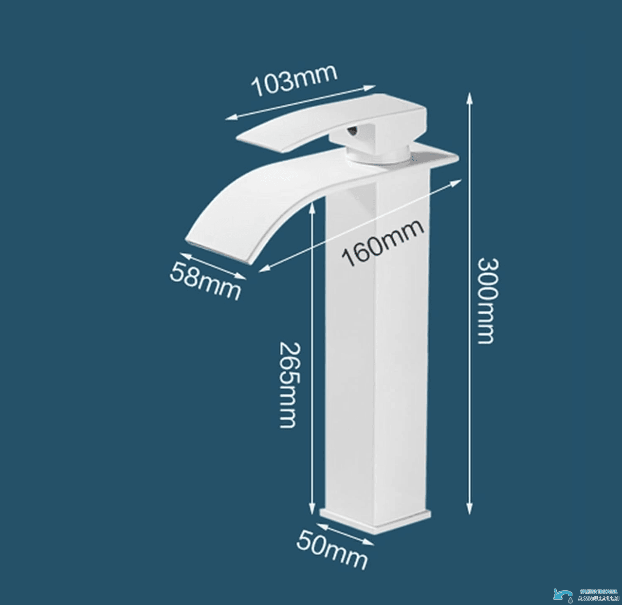 Tehnički crtež kupaonske slavine EYN103 (300 mm, 265 mm, 160 mm, 103 mm)