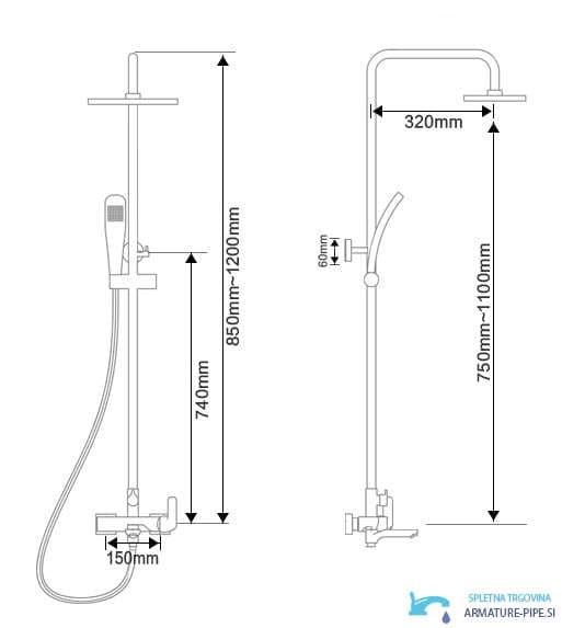 Technický výkres systému EYN NTA1601 (850–1200 mm, vyložení 320 mm)