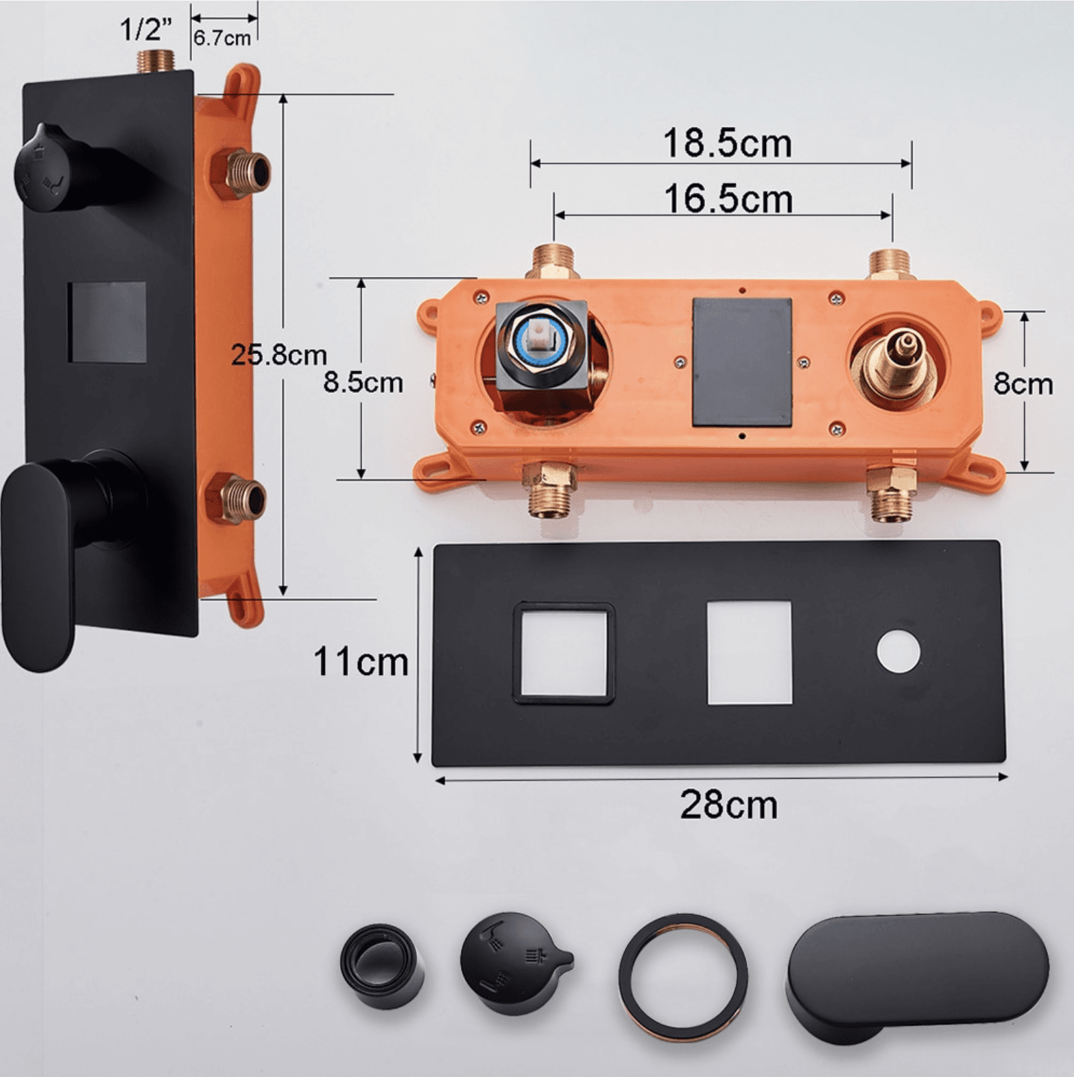 Technický výkres EYN PT1036 s ovládacím panelem 28 × 11 cm a závitem G1/2