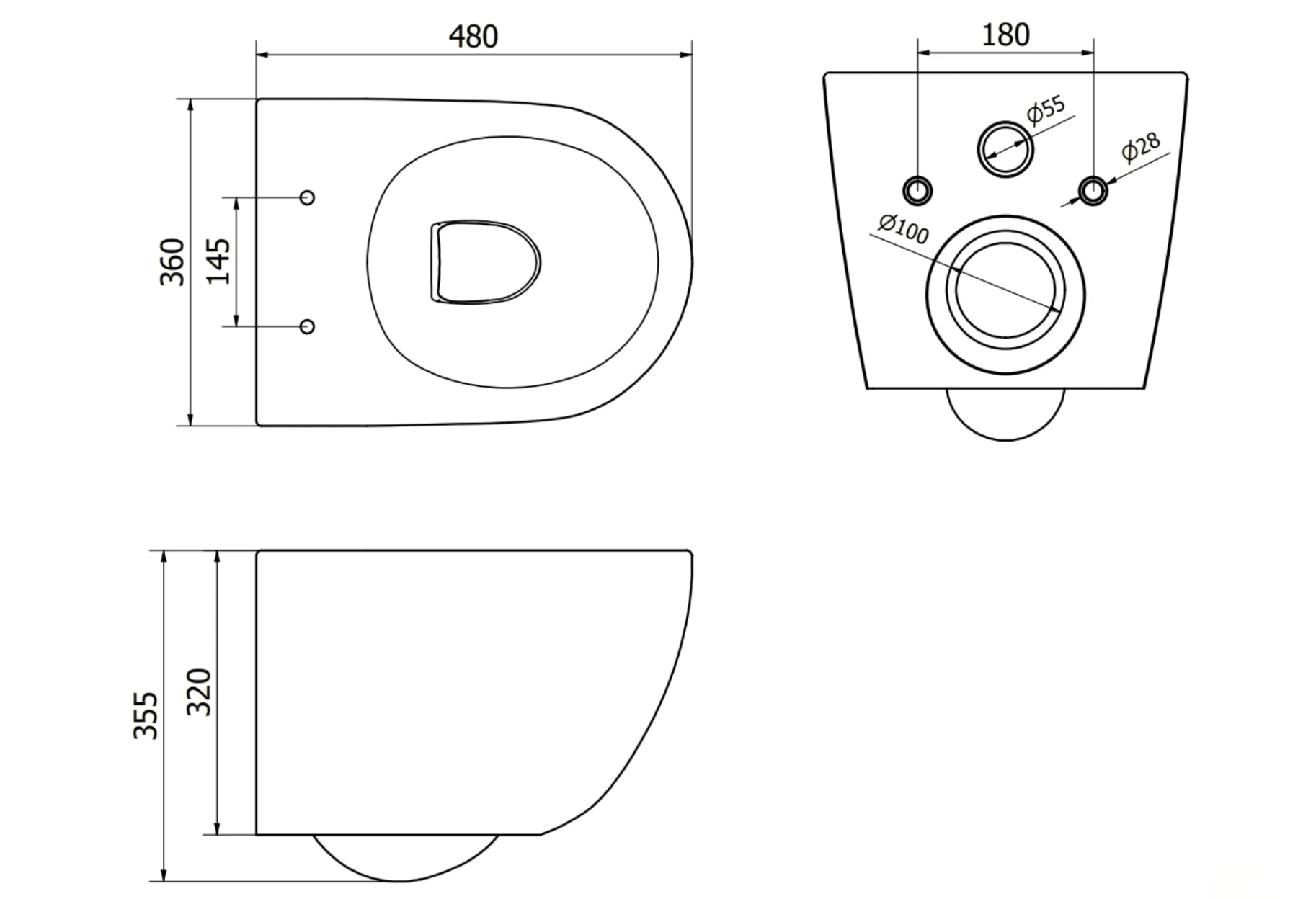 Technický výkres WC DELUXE TO1699 (480 × 360 × 355 mm, rozteč upevnění 180 mm)