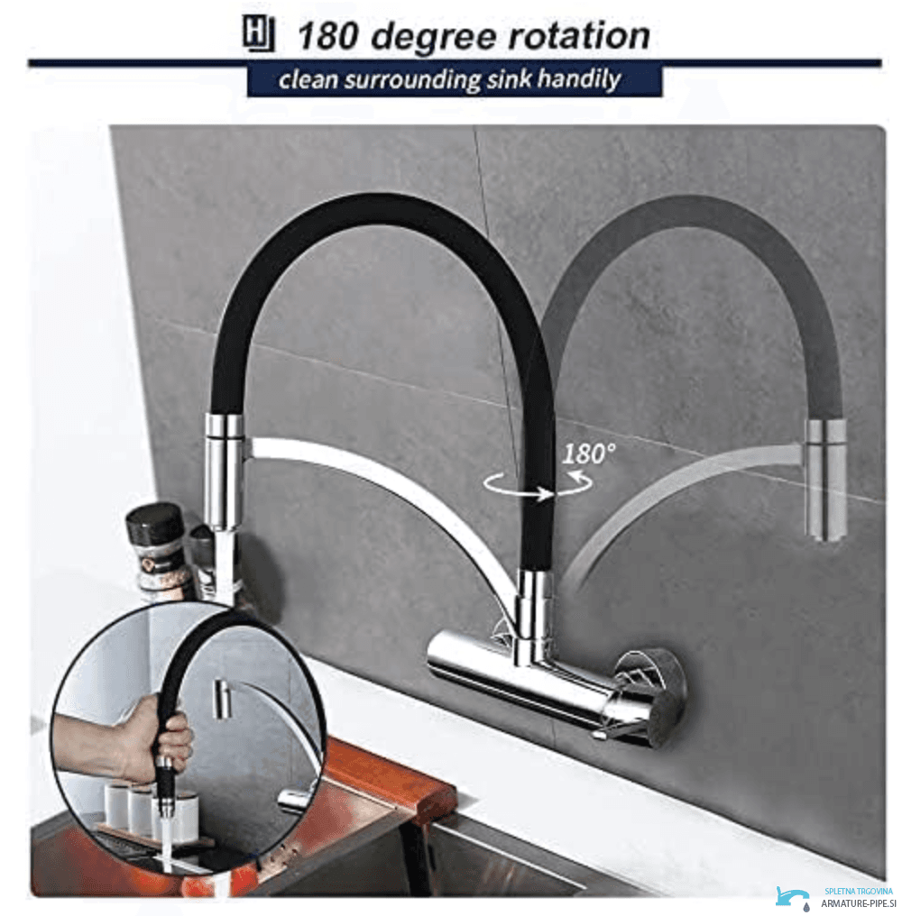 Parametry nástěnné baterie WL1026: černé flexibilní ramínko otočné o 180°