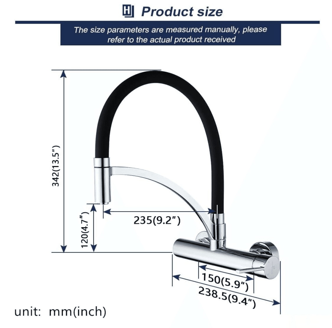 Technický výkres nástěnné baterie WL1026 s výškou 342 mm a dosahem 235 mm