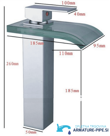 Rozměrový výkres baterie EYN x013 woo-986 s výškou 260 mm a výtokem 185 mm