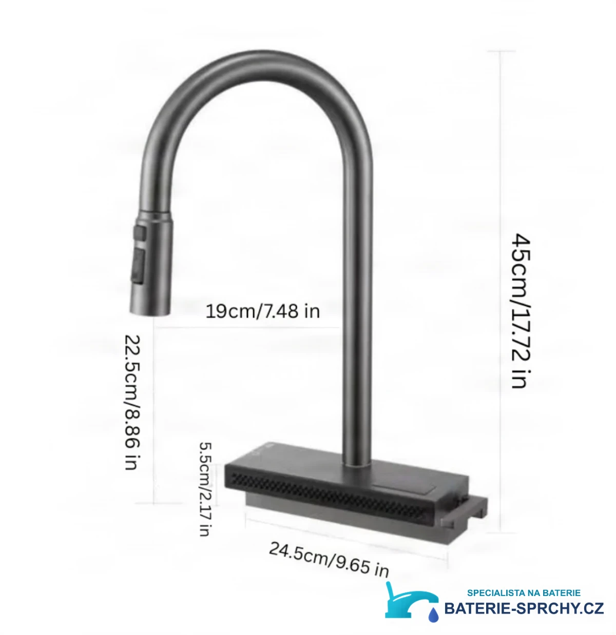 Technický výkres kuchyňské baterie ELITE EDITION KFS1442 (45 cm, 24,5 cm, 19 cm)