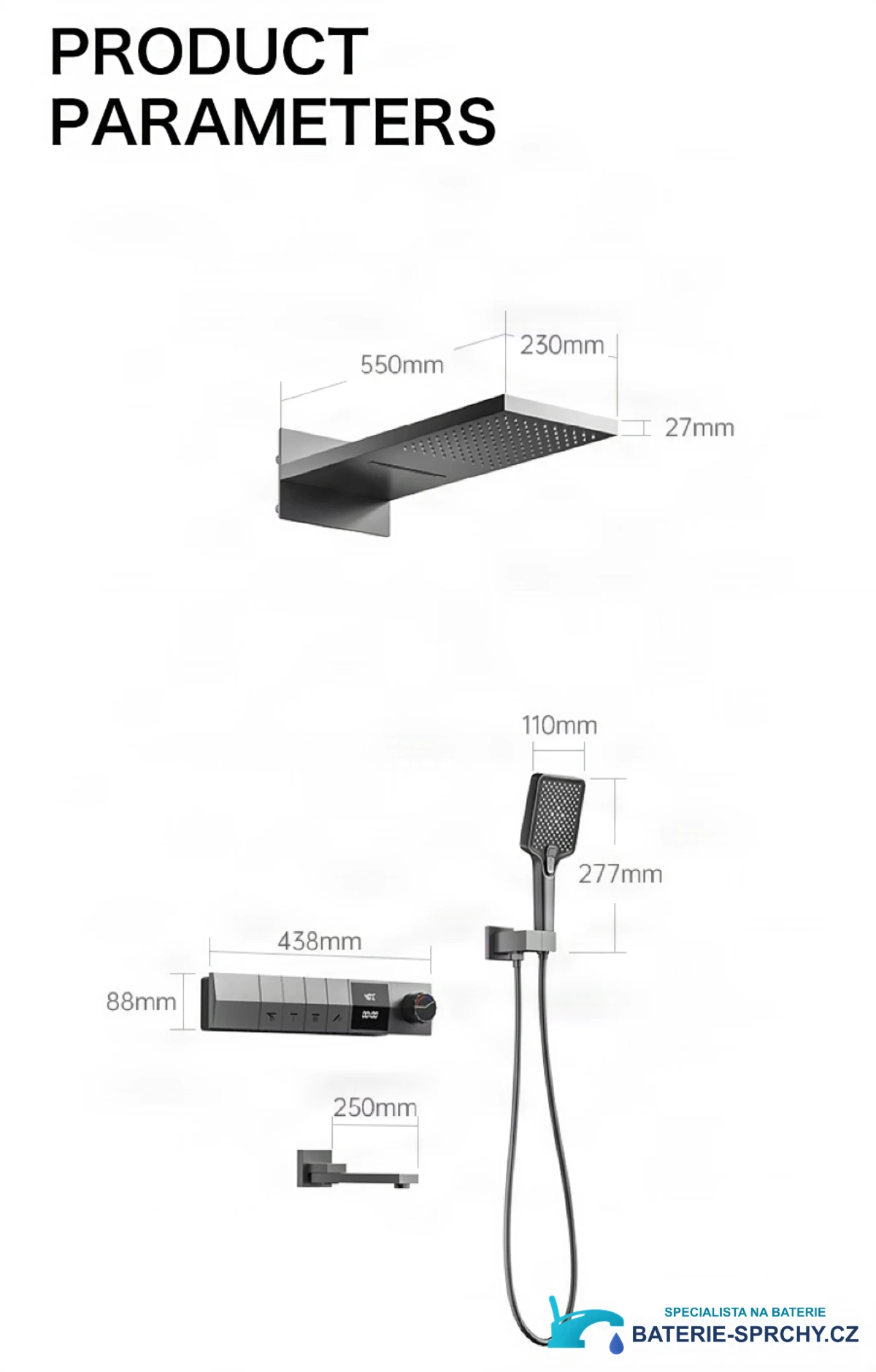 Podomítkový sprchový systém ELITE EDITION BCS1050 s LED displejem, vodopádovým výtokem a v několika barevných provedeních