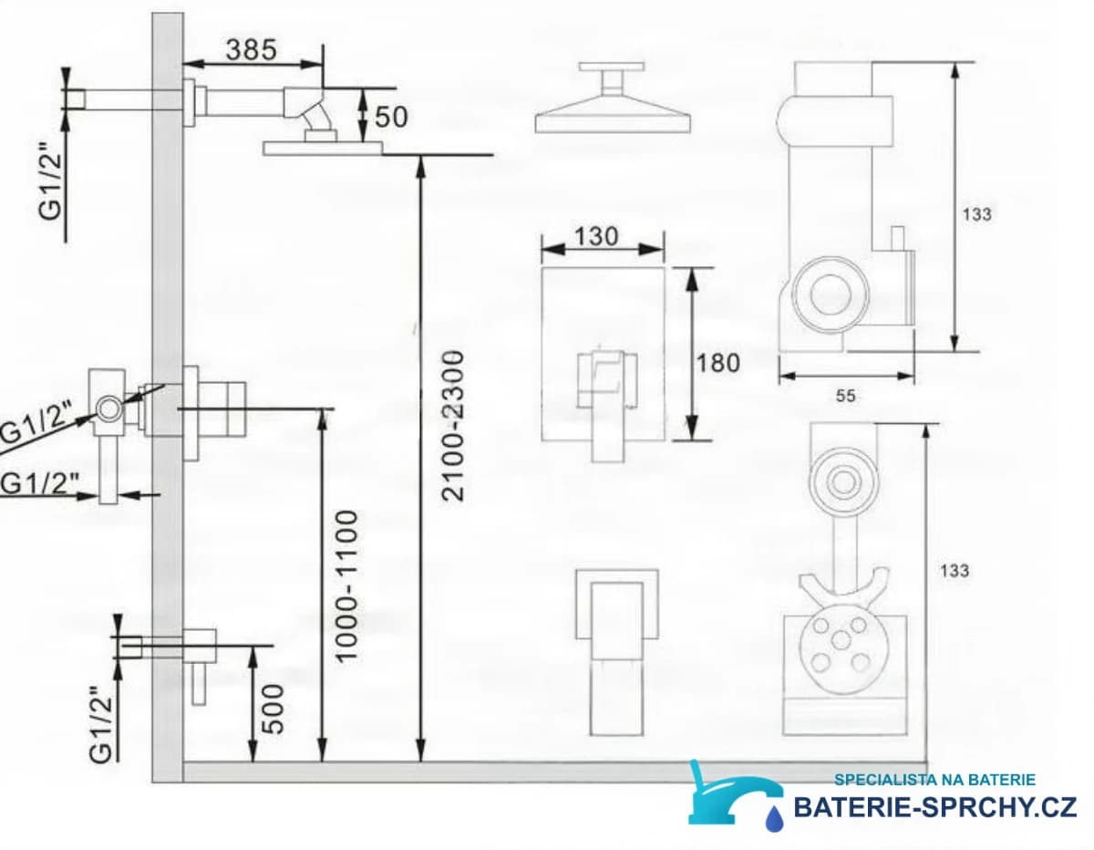 Technický výkres podomítkového systému PT69359 (2100–2300 mm, G1/2)