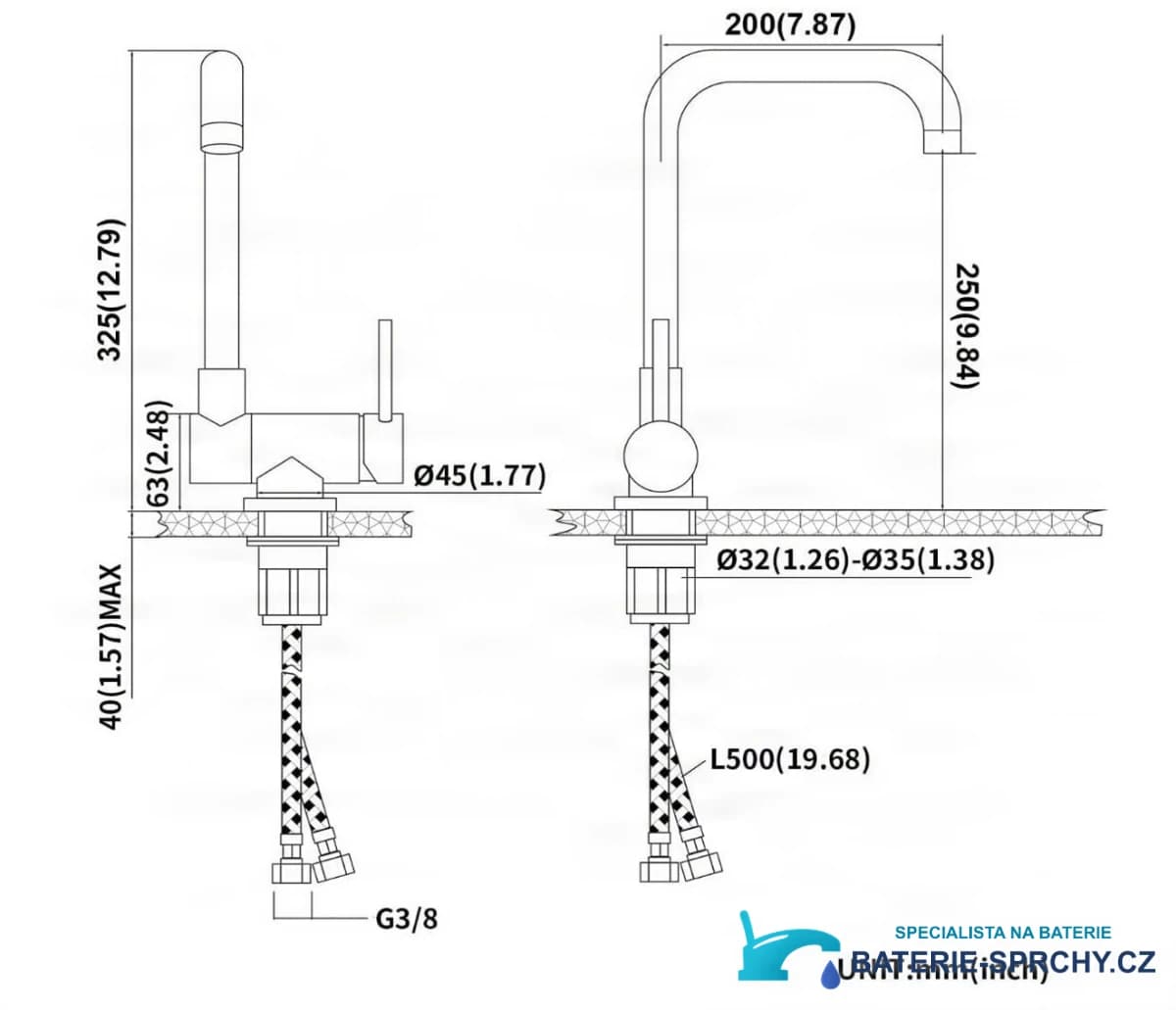 Technický výkres baterie PA13536 (325 × 200 mm, připojení G3/8)
