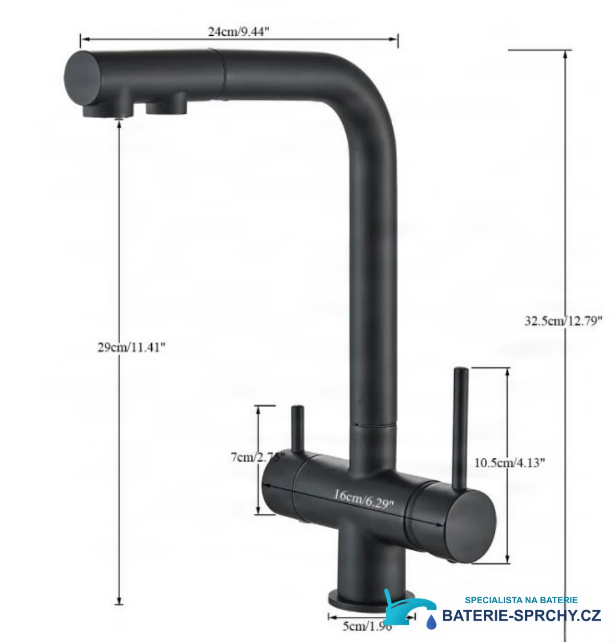 Technický výkres kuchyňské baterie KA1651 s filtrem (32,5 × 24 cm)