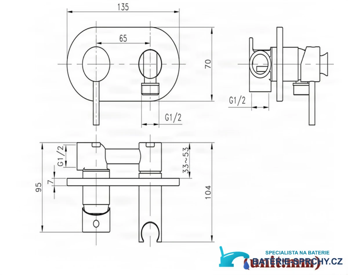 Technický výkres podomítkové bidetové baterie BB1637 (135 × 70 mm, G1/2)