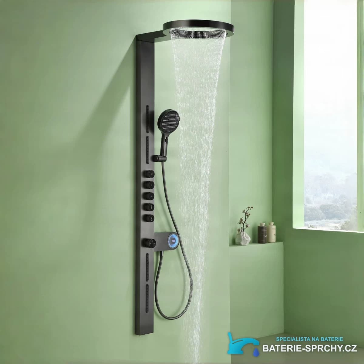 Sprchový systém ELITE EDITION BSW1726 v použití: zelená koupelna a digitální displej