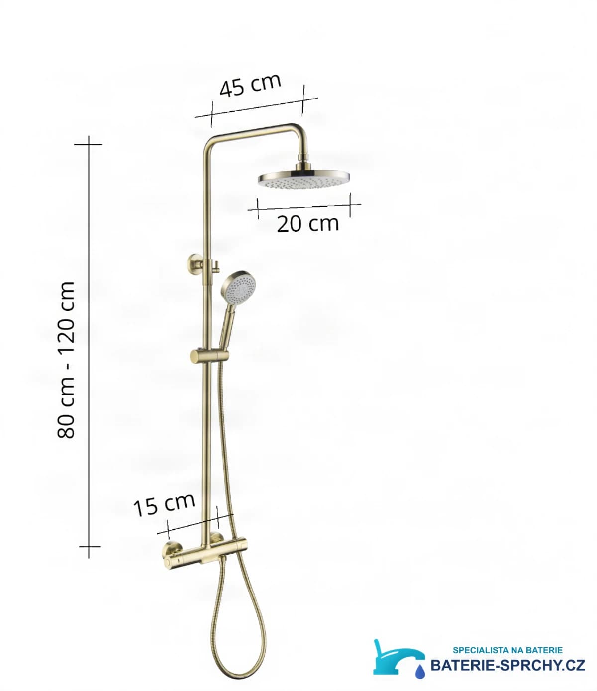 Technický výkres nástěnného termostatického sprchového systému GT2251 (80–120 cm, 45 cm, 20 cm)