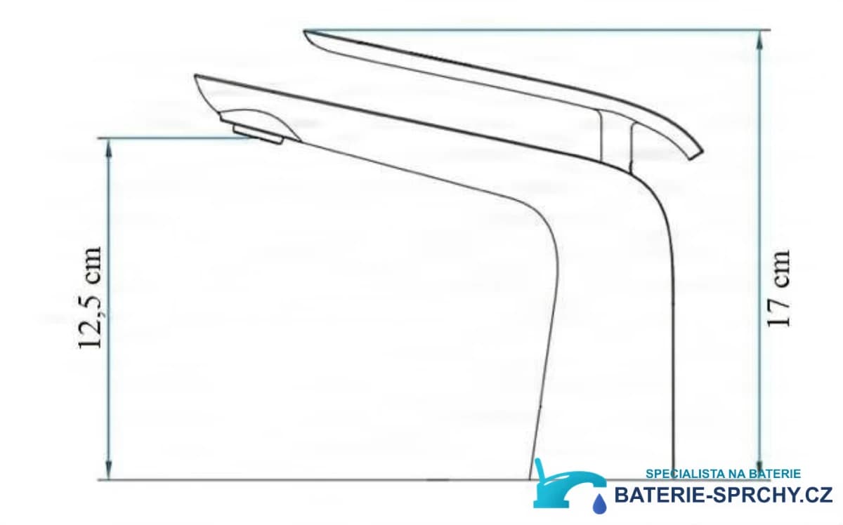 Technický nákres umyvadlové baterie woo-6963 s celkovou výškou 17 cm a výškou výtoku 12,5 cm