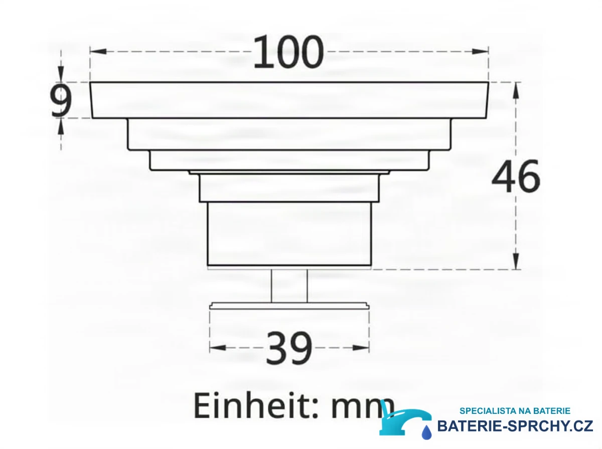 Technický výkres čtvercové sprchové vpusti AS2151 (100 mm, 46 mm, 39 mm)