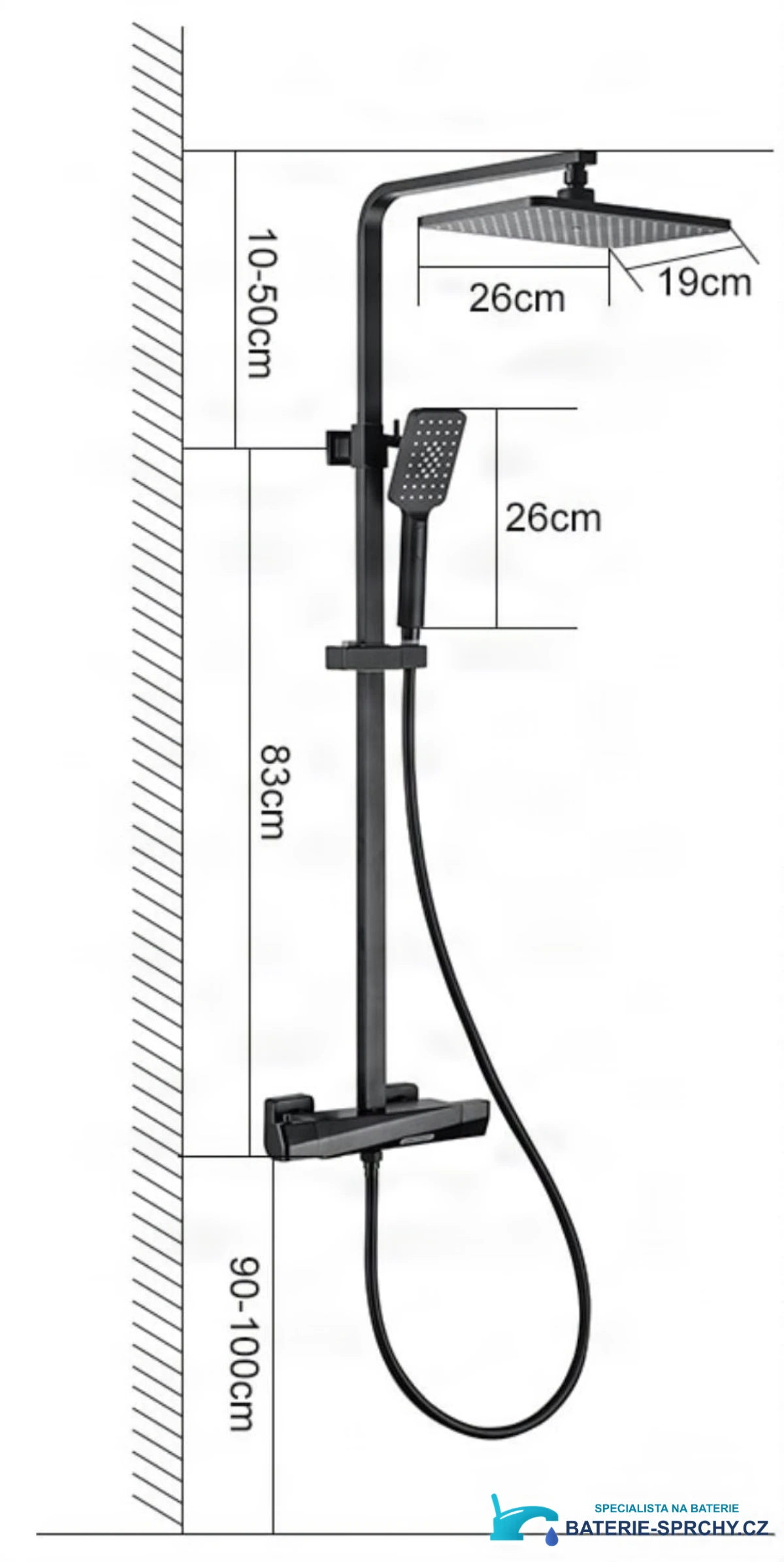 Technický výkres nástěnného sprchového systému EYN TB1751 (26 × 19 cm, nastavitelná výška)