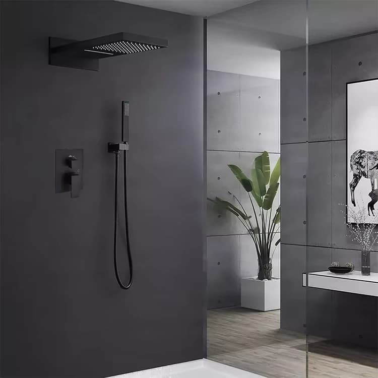 Luxury Brass Black Waterfall Rainfall Shower System Bathroom Concealed Shower Mixer Set